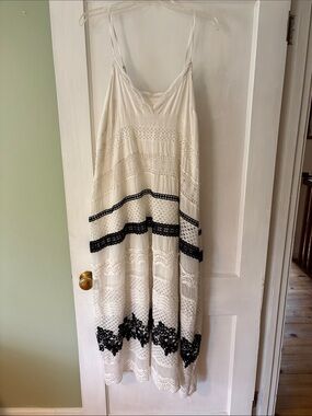 Anthropologie Ivory Lace Crochet Maxi Dress with Black Lace Trim